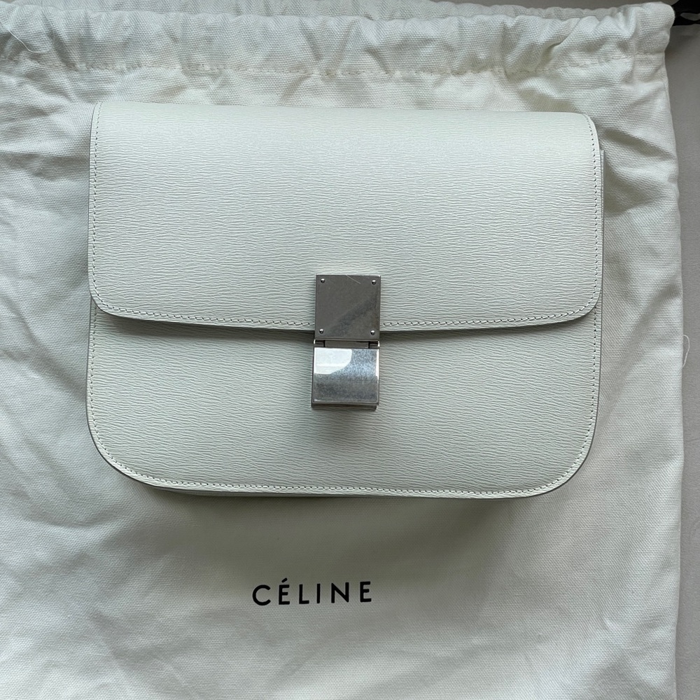 Authentic Celine White Textured Leather Medium Box Bag